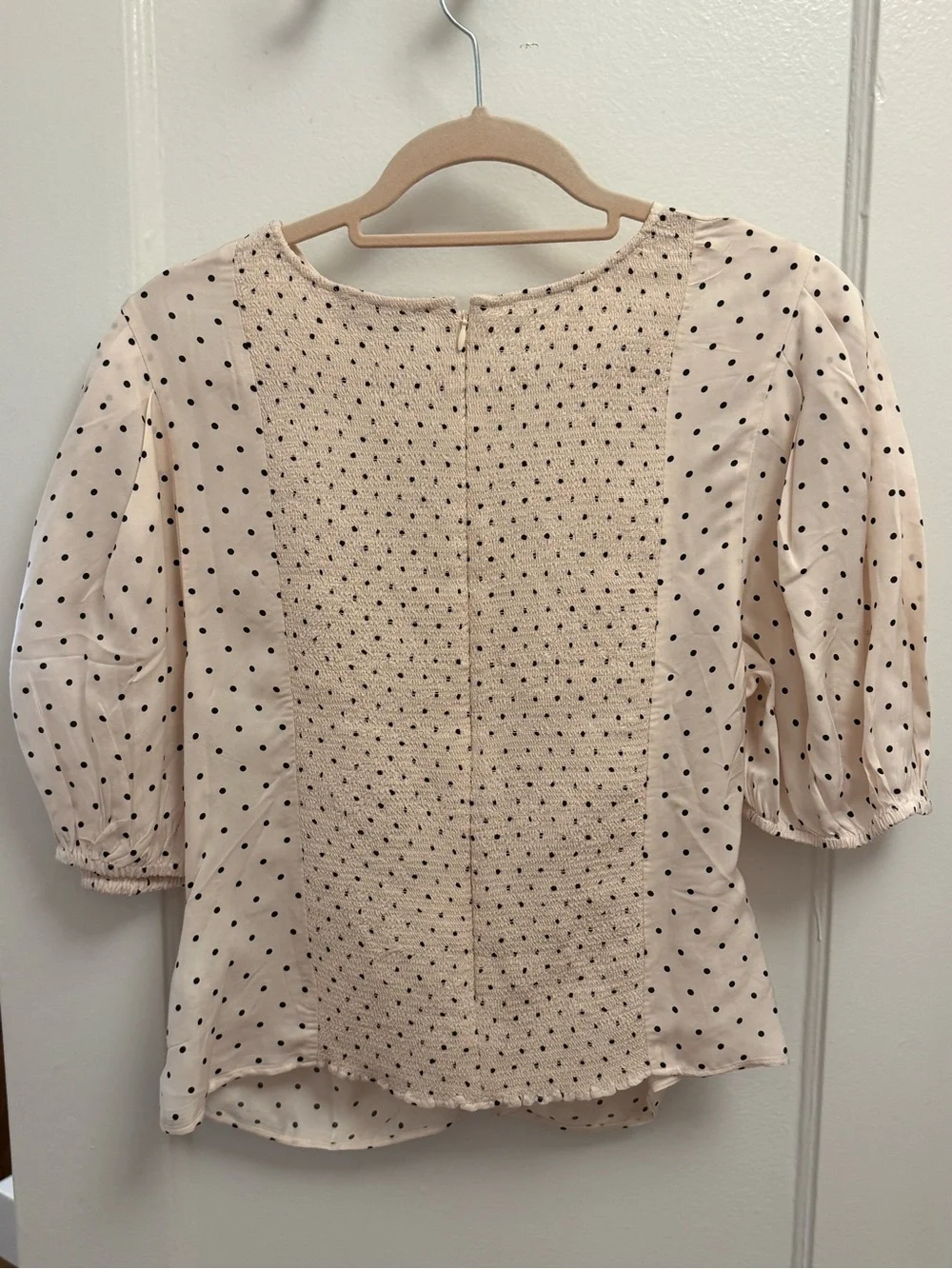J. Crew Blush Cream Polka Dot Ruched Puff Sleeve Blouse